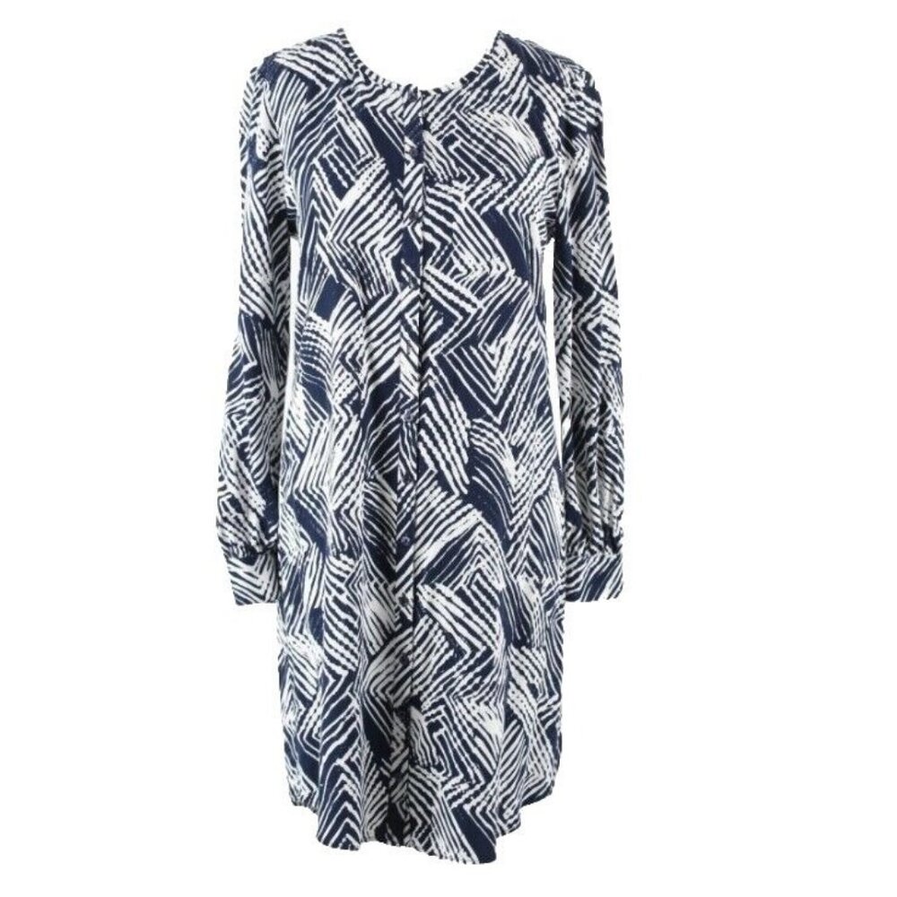 Trina Turk Sz 0 Navy Blue White Button Up Front 100% Rayon Shirt Dress